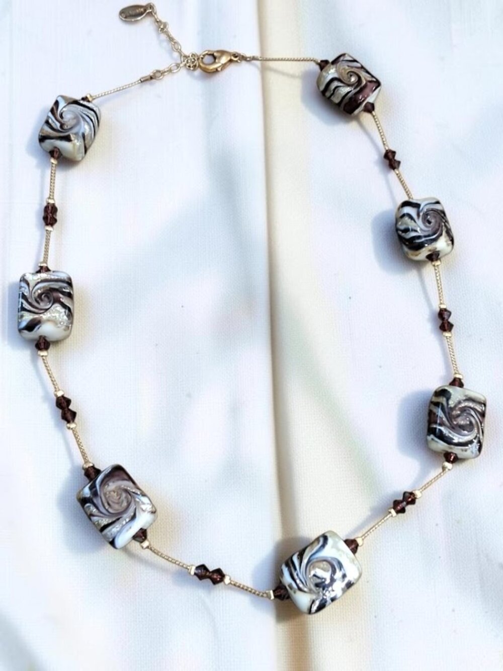 Alexis K Art Glass 18” Necklace  Black, Brown & White with Bits of Metallic Gold